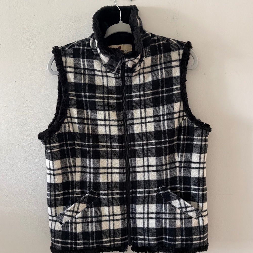 Woolrich Womens Moccasin Plaid Wool Blend Faux Fur Lined Zip Vest Black White M